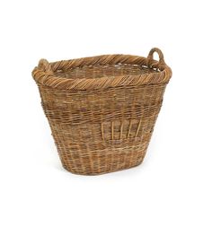 a small wicker basket with handles on a white background, it is empty and ready to be used for storage