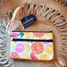 Juncture Mini Fruite Wristlet Two Pockets Big Enough To Hold Credit Cards, Cash And Maybe 2 Lipglosses/Chapstick. Brand New With Tags. Chapstick Brand, Orange White, Credit Cards, Color Orange, Clutches, Credit Card, Bag Lady, Brand New, Tags