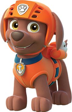 a cartoon dog with an orange helmet on