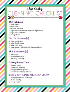 the daily cleaning checklist is shown with colorful stripes and blue, green, yellow, pink