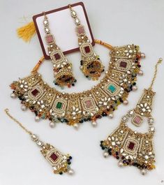 Complete bridal jewelry set Wedding Sets With Stone Work In Multicolor, Multicolor Wedding Sets With Stone Work, Multicolor Wedding Set With Stone Work, Elegant Multicolor Jewelry Sets For Weddings, Elegant Multicolor Bridal Sets With Stone Work, Elegant Multicolor Bridal Sets For Festive Occasions, Elegant Multicolor Wedding Sets, Elegant Multicolor Hand Set Bridal Sets, Festive Multicolor Bridal Sets With Stone Work