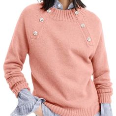 Crewneck Sweater With Jeweled Buttons Size Xxs Color Seashell Brand New With Tag Chic Pink Sweater For Work, Pink Crew Neck Top For Work, Pink Crew Neck Sweater For Work, How To Wear Flannels, Work Sweaters, How To Wear Leggings, Jcrew Sweater, Outfits With Converse, Womens Crewneck