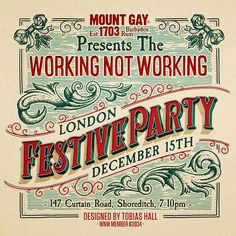 a poster for the london festive party, featuring an ornate design and hand lettering