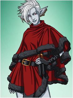 a drawing of a man dressed as an elf with white hair and black gloves on