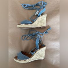 These Espadrilles Will Look Perfect With That White Eyelet Dress Or Skirt! Wear The Tie Up The Calf Or Tied Around The Ankle. The Shoes Have Never Been Worn And Are True To Size. Denim Wedge Heel Sandals For Spring, Spring Denim Wedge Heel Sandals, Spring Denim Wedge Sandals, Blue Espadrille Platform Wedge Sandals, Blue Espadrille Wedge Sandals With Round Toe, Blue Platform Espadrille Wedge Sandals, Blue Denim Wedge Sandals For Summer, Blue Denim Wedge Sandals, Casual Denim Platform Wedge Sandals