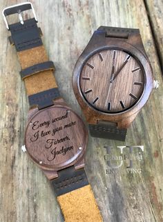 "Anniversary Gifts for Men, 20th Anniversary, Mens Watch Boyfriend Gift Engraved Watch Mens Wooden Watch, Engraved Wood Watch, Husband Gift Handcrafted with attention to detail, this wristwatch is made from beautiful natural walnut wood and has a dark leather band with elegant stitching. The brown leather wrist band is two-toned with a darker brown color on the outside and tan on the inside, with the silver hand movement/time marks, make a beautiful color combination. This wooden watch makes the Wedding Gift Groom, Watch Wood, Groomsmen Watches, Engraved Watch, Watch Gift Box, Boyfriend Personalized Gifts, Boyfriend Watch, Wooden Watches For Men, Wooden Watches