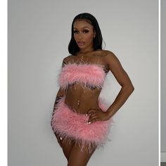 two photos of a woman in pink feathers and one is wearing a black bra top