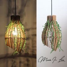 two different types of lights made out of wood and plants hanging from the ceiling above them