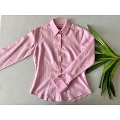 "Preppy button up collared shirt by Thomas Pink. pure cotton in a bubblegum pink with a subtle ticking patern. Slightly fitted with cuffs that require cufflinks.  Made in Thailand  Marked size 6 fits like a Small  Chest 38\" Hips 36\" Sleeve 26.5 cuffs measured flat  Shoulders 14.5\" Length 23\" Nice condition; no signs of wear" Pink Semi-formal Dress Shirt For Spring, Pink Business Shirt With Spread Collar, Pink Long Sleeve Dress Shirt With Button Closure, Summer Pink Cotton Dress Shirt, Spring Pink Slim Fit Dress Shirt, Spring Slim Fit Pink Dress Shirt, Pink Slim Fit Dress Shirt For Spring, Pink Slim Fit Dress Shirt For Semi-formal Occasions, Pink Long Sleeve Dress Shirt For Business Casual