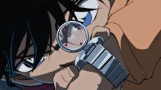 an anime character looking through a magnifying glass with her hand on the wrist