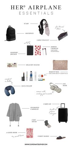 an info sheet describing the different types of items that are in her airplane essentials