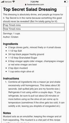 the top secret salad dressing recipe is shown in this screenshote screen shot from an iphone