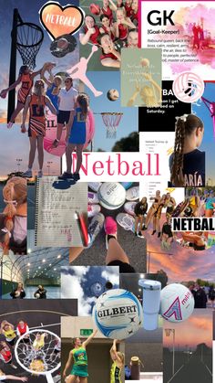 collage of photos with various sports related items and words on them, including basketball