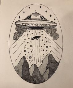 a drawing of an alien ship floating in the sky with mountains and stars around it