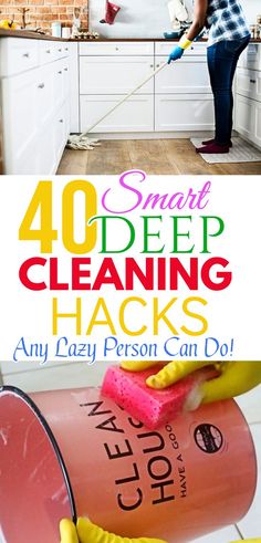 a woman in yellow gloves is cleaning the kitchen with a pink mop and sponges