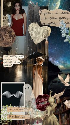 a collage of images with words and pictures on them, including an image of a woman in a dress