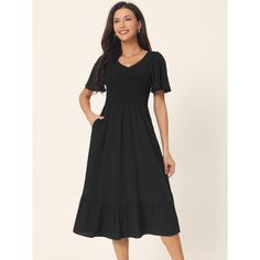 This dress will flatter any body shape, making it a timeless addition to any wardrobe. Casual v neck dress is perfect for casual, daily, vacation, beach, holiday, wedding, office, family gathering, etc. The casual midi dress has a chic and understated design that makes it easy to accessorize with your favorite shoes. A good choice for dating and vacations. Casual Midi Dress, Midi Dress With Pockets, Sleeve Packaging, Aline Dress, Midi Dress Casual, Holiday Wedding, Vacation Beach, Neck Ruffle, Beach Holiday