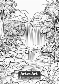 a black and white drawing of a waterfall surrounded by tropical trees, plants and flowers