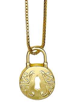 Unlock vintage elegance with our Floral Lock Pendant Necklace. The 24" length and gold-plated finish enhance the intricate floral embossed design, making it a timeless and luxurious addition to your wardrobe. Elevate your style with this exclusive piece. Material: Gold-plated Chain Length: 24” with a 3" extender Gold Brass Locket Chain Necklace, Gold Brass Chain Necklace With Locket, Classic Gold Lock Jewelry, Classic Gold Jewelry With Lock Detail, Elegant Gold Locket Necklace, Gold Engraved Round Pendant Chain Necklace, Gold-plated Engraved Chain Necklace, Gold Brass Locket Necklace For Formal Events, Gold Brass Locket Necklace For Formal Occasions