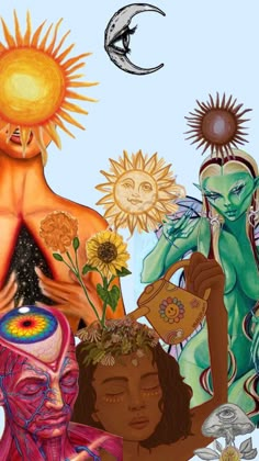 an image of the sun, moon and human body in different positions with flowers on their heads