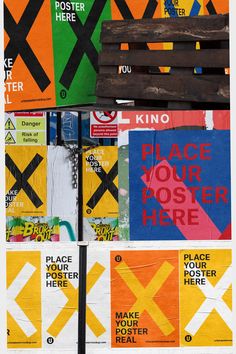 several posters are stacked on top of each other in different colors and sizes, including orange, green, blue, yellow