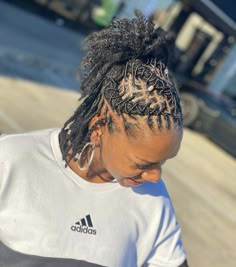 Dreads Styles For Women Short Hair, Up Down Locs Hairstyles For Women, Dreads Black Women Hairstyles Updo, Women Loc Retwist Styles, Cute Styles For Locs For Women, Loc Roll Styles, Lobster Tail Loc Style, Two Bun Loc Style, Loc Styles Braided Back