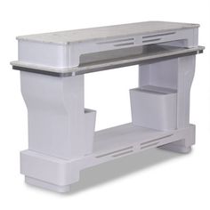 a white desk with two drawers and one shelf on the top is shown in front of a white background