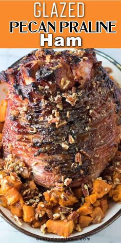 A bone in ham cooked with a pecan praline glaze with Pinterest overlay. Salted Caramel Glaze For Ham, Easy Glazed Ham, Ham Marinade, Praline Glaze, Perfect Ham, Maple Ham, Pecan Glaze, Ham Sauce