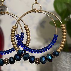 Blue Czech Glass Double Hoop Earrings Blue Hoop Earrings With Ear Wire, Nickel-free Blue Metal Hoop Earrings, Adjustable Small Hoop Earrings In Blue, Adjustable Small Blue Hoop Earrings, Blue Metal Hoop Earrings, Double Hoop Earrings, Earrings Hoops, Handmade Jewelry Diy, Beaded Hoops