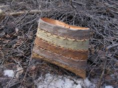 an old boot is sitting on the ground next to some branches and snow covered ground