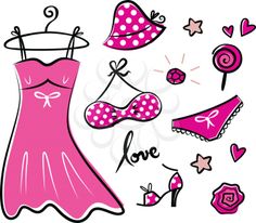 a pink dress and accessories are shown on a white background with the word love written below it