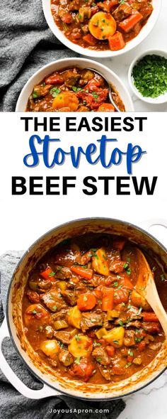 the best stovetop beef stew recipe is shown in three different pans, including one with