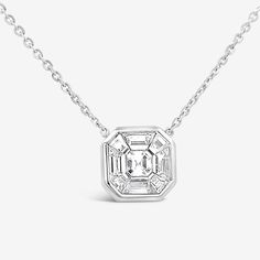 This Diamond Necklace with its innovative design and carefully-crafted bezel setting creates the look of a sizeable Asscher cut Diamond. A subtle and sleek look! Natural Asher and Baguette cut Diamonds: 0.90ctw 18K White Gold Length: 16 Inches Mavilo Exclusive Luxury Emerald Cut Diamond Necklace For Formal Occasions, Luxury Emerald Cut Diamond Necklace For Formal Events, Formal Platinum Necklace With Emerald Cut, Silver Platinum Diamond Necklace With Baguette Cut, Silver Baguette Cut Platinum Diamond Necklace, Platinum Necklace In Baguette Cut Diamond White, Silver Platinum Baguette Cut Diamond Necklace, Timeless White Gold Diamond Necklace With Single Cut, Baguette Cut Platinum Diamond Necklace In Silver