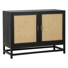 a black cabinet with wicker doors on the front and bottom, against a white background