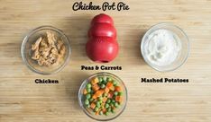 the ingredients to make chicken pot pie are shown in small bowls on a wooden surface