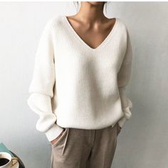 Lovemi - Sweater Black Loose V Neck Sweater Pullover - White White Sweater Women, Casual Sweaters Women, Plus Size Pullover, Pull Oversize, Women Sweaters Winter, Oversized Knitted Sweaters, Knitted Tops, Winter Mode, Pullover Sweater Women