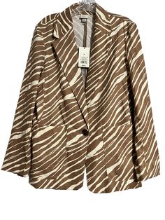 Introducing the A New Day Women's Brown Zebra Relaxed Fit Blazer in size medium. This stylish blazer is perfect for casual and business occasions. It features a mid-length coat with long sleeves, a button closure, and pockets for added convenience. The blazer is made of a linen blend outer shell material with an animal print pattern, and lined with 100% polyester. Not only is this blazer fashionable, but it is also easy to care for as it is machine washable. It is a regular fit with a relaxed cu Spring Brown Blazer With Hidden Button Closure, Spring Career Blazer With Hidden Button Closure, Spring Formal Brown Blazer, Brown Spring Blazer For Work, Spring Workwear Brown Blazer, Spring Brown Blazer For Workwear, Brown Blazer For Spring Workwear, Spring Business Blazer With Long Sleeves, Spring Career Outerwear With Notched Collar