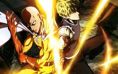 two anime characters with yellow hair and red eyes are facing each other in front of an orange light