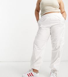 Pants & Leggings by ASOS Curve Cart-worthy find High rise Elasticized waistband Functional pockets Tie cuffs Relaxed fit Sporty White Cargo Pants With Elastic Waistband, White Cargo Pants With Elastic Waistband For Spring, White Relaxed Fit Bottoms With Cargo Pockets, White Utility Bottoms With Cargo Pockets, White Utility Pants With Cargo Pockets, White Utility Parachute Pants For Spring, Sporty White Cargo Pants, White Cargo Pants With Elastic Waistband, White Sporty Cargo Pants