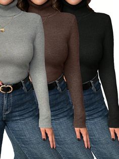 Plus Size 3-Pack Solid Color Turtleneck Long Sleeve Minimalist Sweater In Caramel, Black, And Gray, Casual Wear For Autumn/Winter Thanksgiving Women Outfit Multicolor Casual  Long Sleeve Knitwear Plain Basic Tops Medium Stretch  Women Plus Clothing, size features are:Bust: ,Length: ,Sleeve Length: Thanksgiving Women Outfit, Minimalist Sweater, Casual Pullover Sweater, Bodycon Sweater Dress, Casual Outwear, Pu Leather Jacket, Ladies Turtleneck Sweaters, Turtleneck Long Sleeve, Chic Sweaters