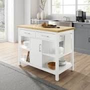 a white kitchen island with wooden top in a room