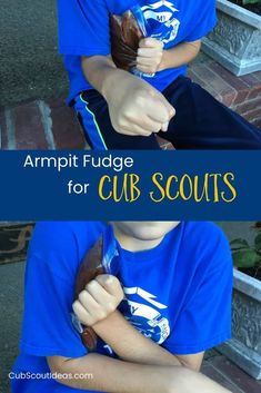 a boy in blue shirt sitting on the ground eating an ice cream cone with text overlay that reads armpit fudge for cub scouts