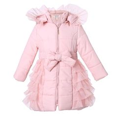 Padding jacket with ruffled mesh covered bottom Size: 3/4.  Color: Pink.  Gender: female.  Age Group: kids. Cute Coats, Cozy Coats, Winter Girls, Kids Coats, Girl Coat, Kids Outfits Girls, Girl Style, Girls Jacket, Toddler Fashion