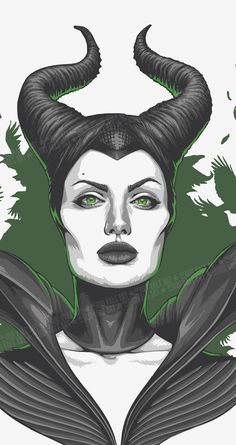 a woman with horns on her head and green eyes