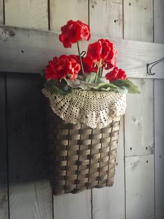 red flowers are in a basket hanging on the wall