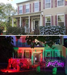 two different houses that have been decorated with lights