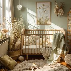 a baby crib in a room with lots of plants