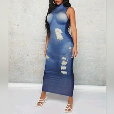 Denim Print Maxi Dress Trendy Stretch Denim Blue Dress, Chic Stretch Denim Blue Dress, Casual Slim Fit Denim Dress For Summer, Stretch Medium Wash Denim Dress, Blue Non-stretch Denim Dress, Stretch Denim Dresses In Medium Wash, Stretch Denim Blue Denim Dress, Stretch Denim Blue Dress For Summer, Summer Stretch Denim Blue Dress