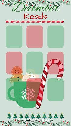 a christmas themed poster with candy canes, cookies and candies in a cup