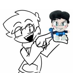 a drawing of a boy holding a stuffed animal in his hand and smiling at the camera